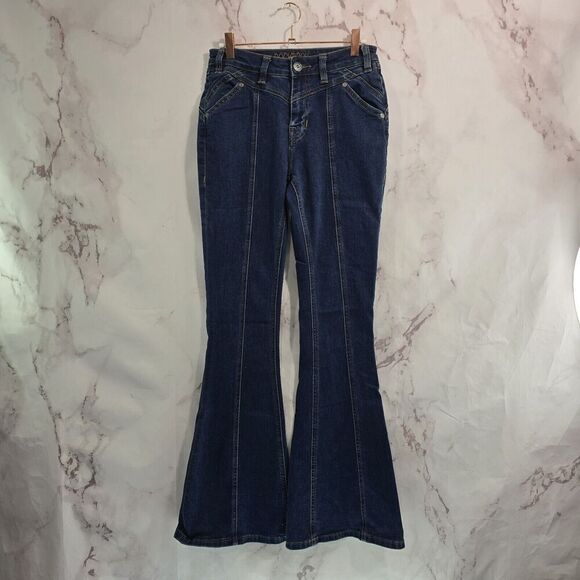 Rock & Roll Denim Jeans Women 27 X 32 High Rise Flare Button Bell Bottom Dark - Picture 1 of 12